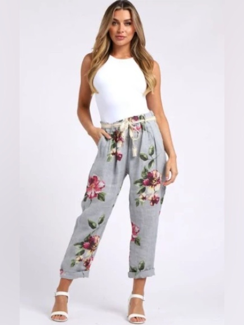 Brand Bazar Linen Cropped Flowy Lightweight Floral Pant Sz S/M